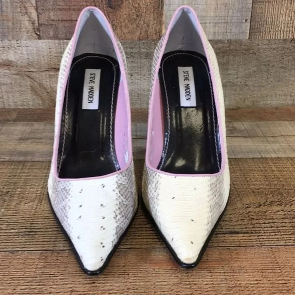 Steve Madden White Gray Leather Animal Print Kaylee Pumps Womens 9B Stiletto - Picture 2 of 11